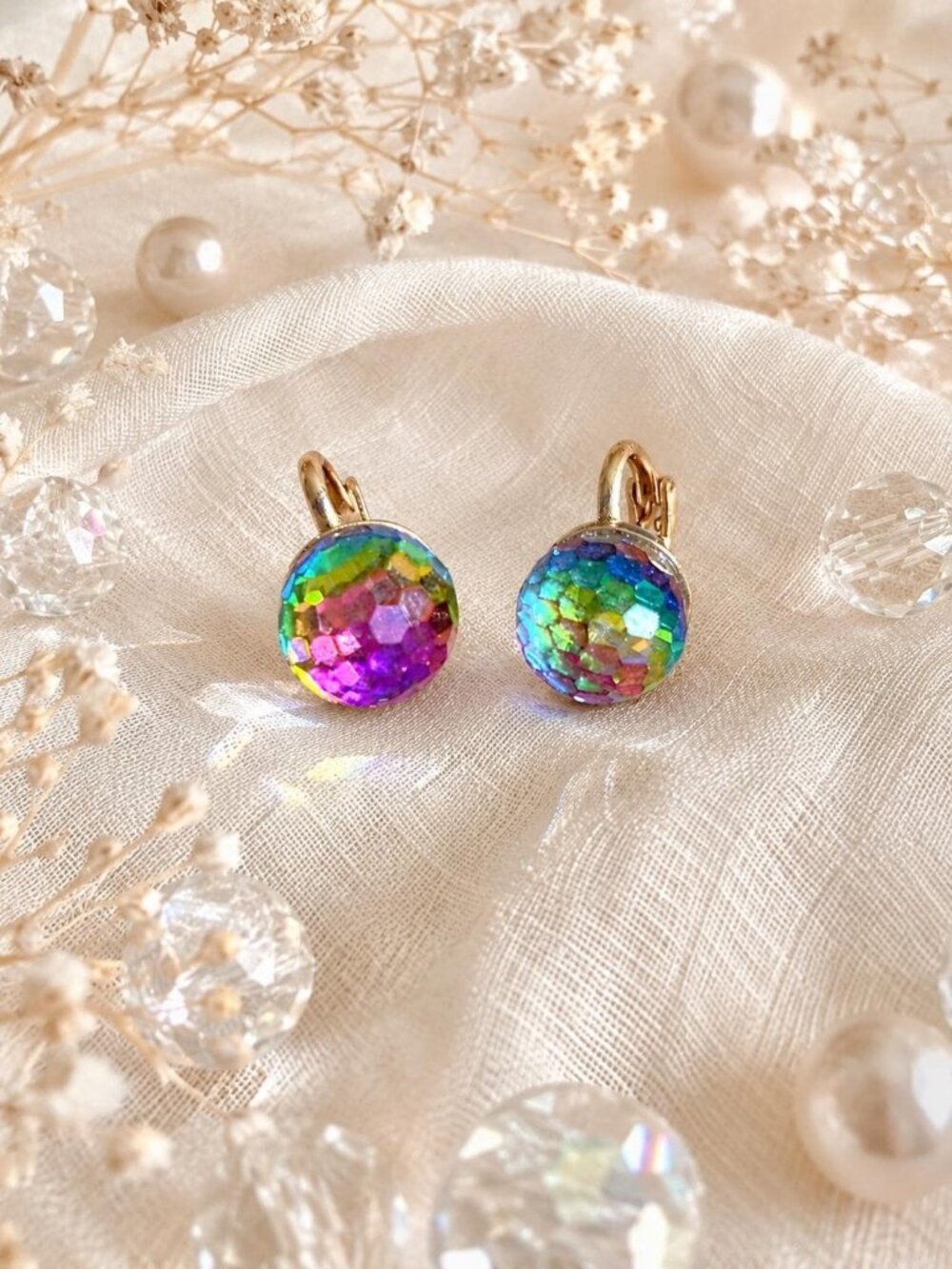 Vintage Rainbow Aurora Borealis Faceted Clip On Earrings | Iridescent Disco Ball